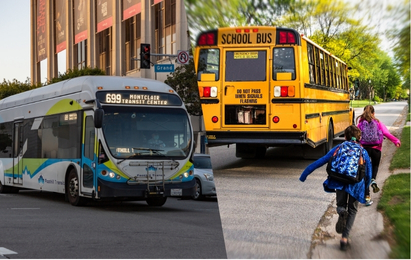 A transit city bus and a school bus
