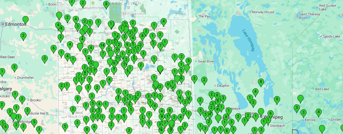 Testimonial Map with numerous green location markers with numbers indicating clients and amount of testimonials they have provided.