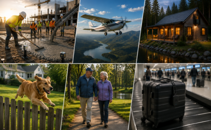 Collage: construction workers, small plane flying, lit cabin, dog jumping fence, couple walking, suitcase on baggage claim.