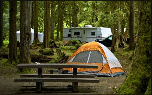 A tent and camper in a camp site