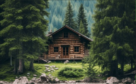 A cottage/cabin in a forest