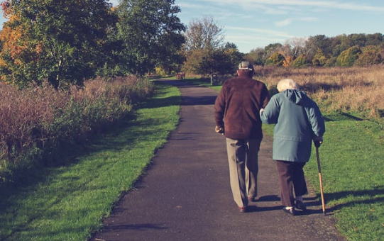 An elderly couple walking on a path
