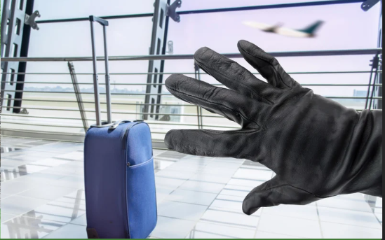 A piece of luggage being stolen by a gloved hand